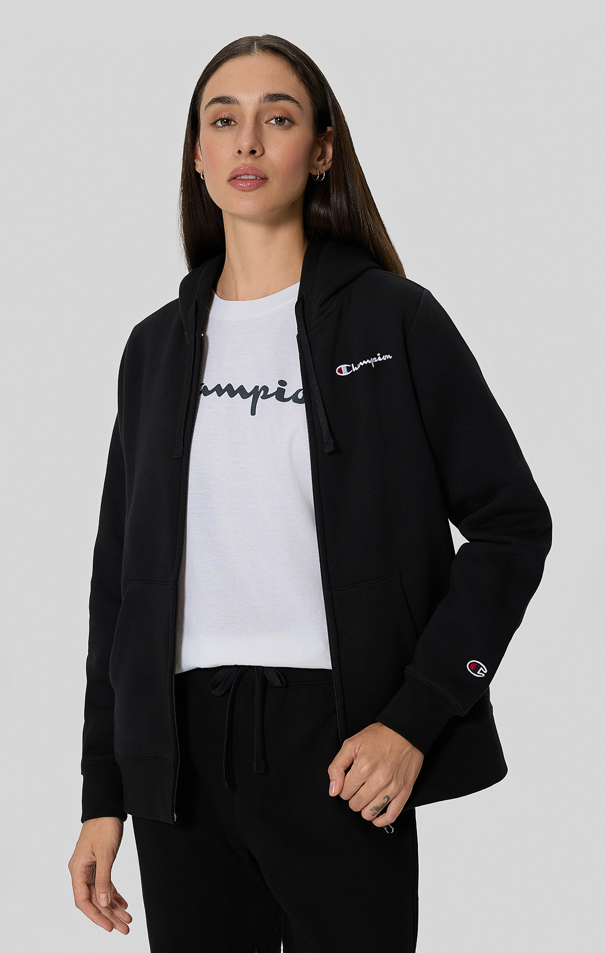 Icons Kadın Siyah Slim Fit Full Zip Hoodie Sweatshirt | Champion