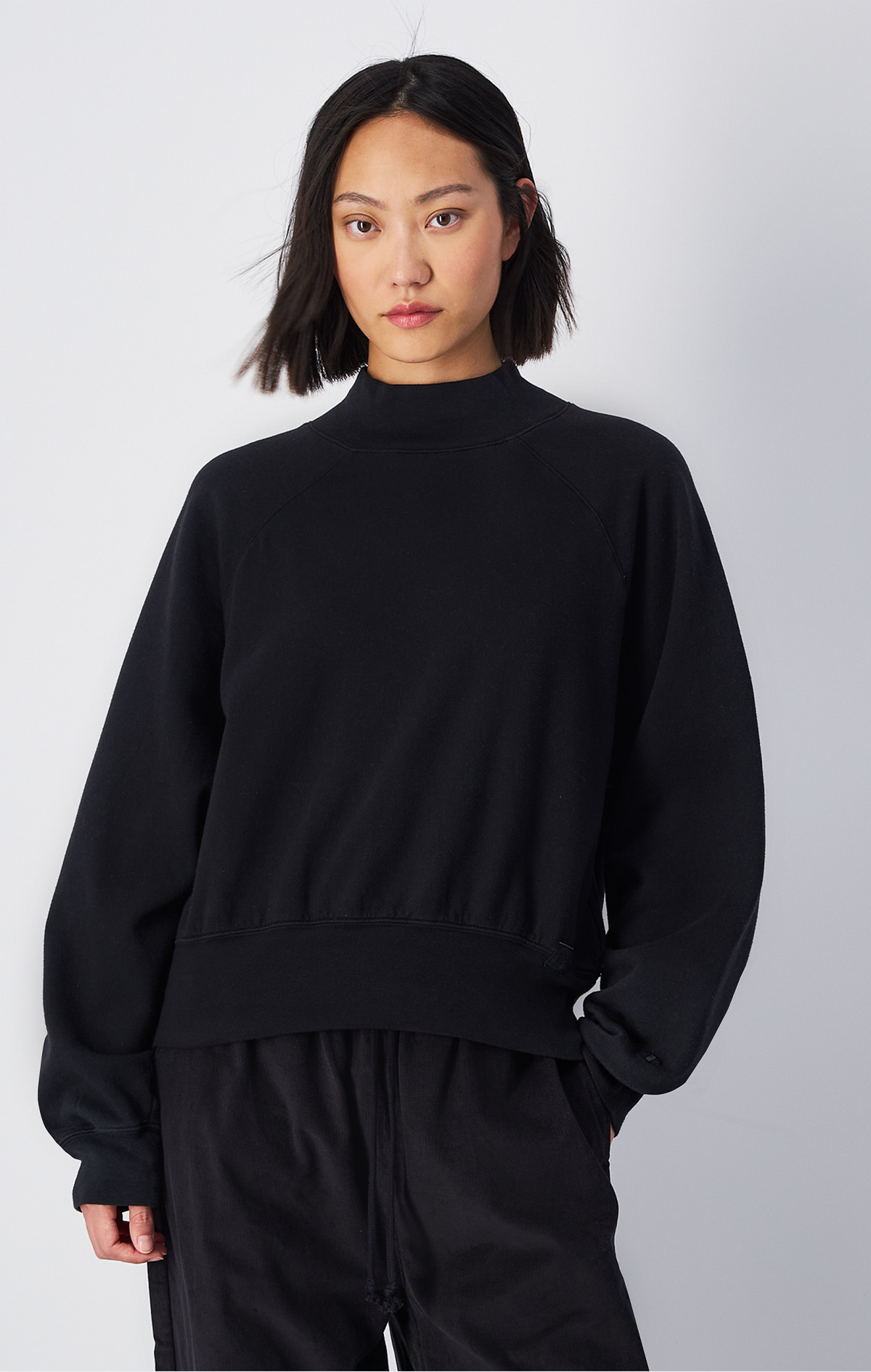 Vintage Wash Kadın Siyah Loose Fit Mock Turtle Neck Long Sleeves