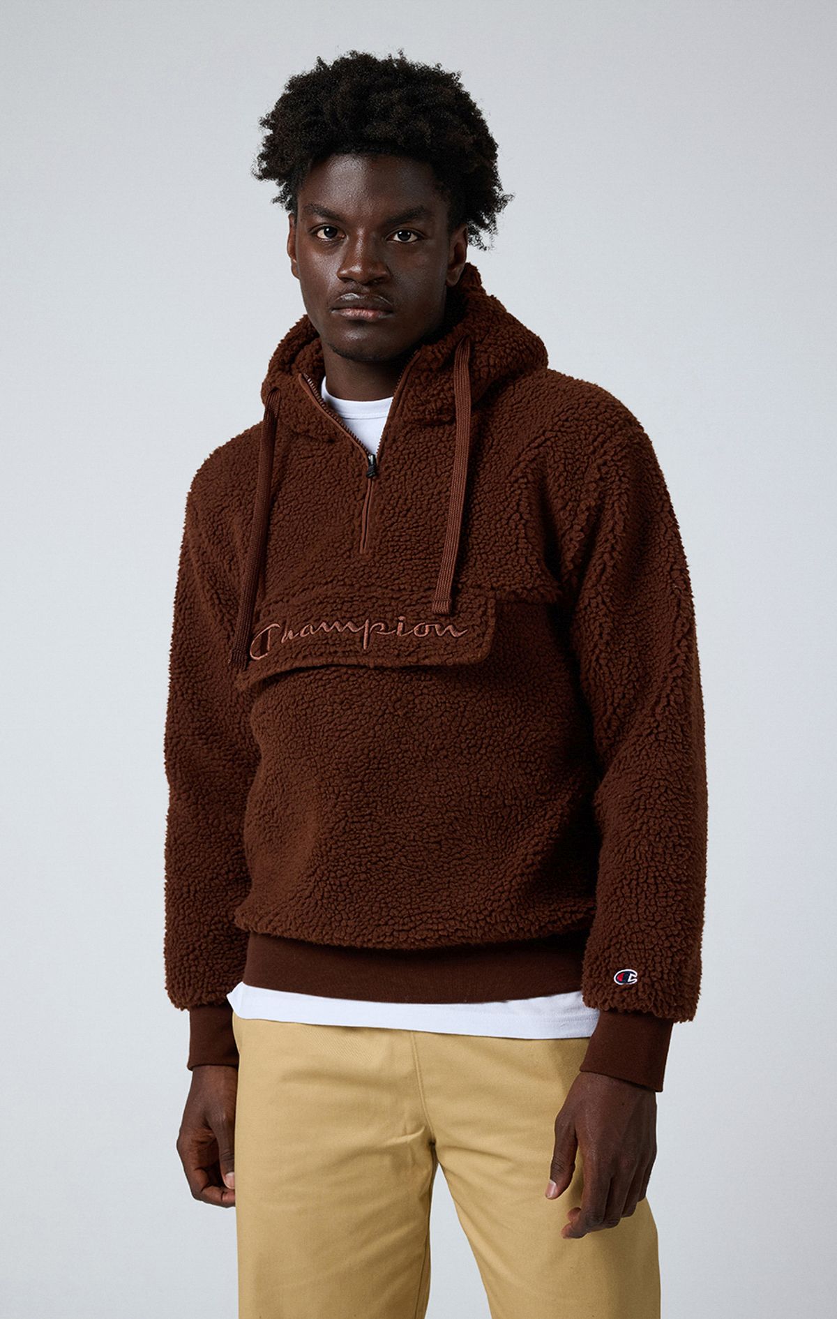 Outdoor Erkek Kahverengi Custom Fit Hooded Half Zip Top | Champion