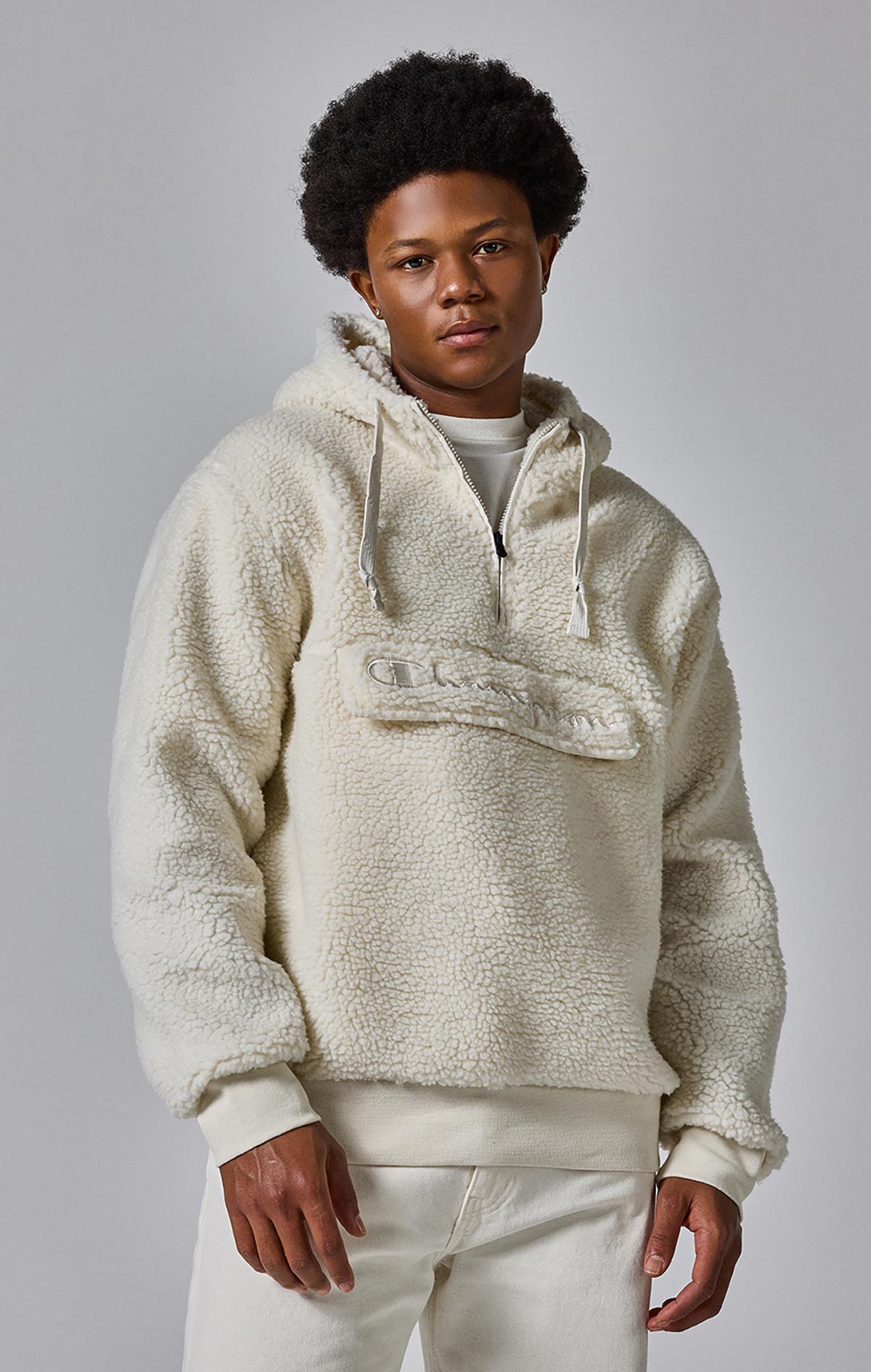 Outdoor Erkek Bej Custom Fit Hooded Half Zip Top | Champion Türkiye