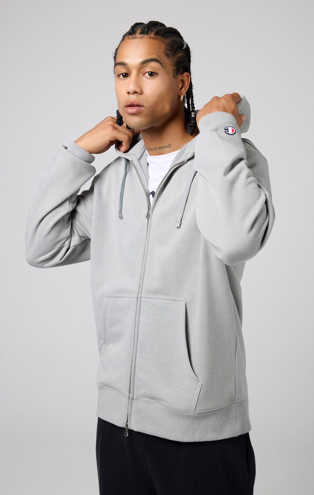 Icons Erkek Gri Cozy Fit Hooded Full Zip Sweatshirt | Champion Türkiye