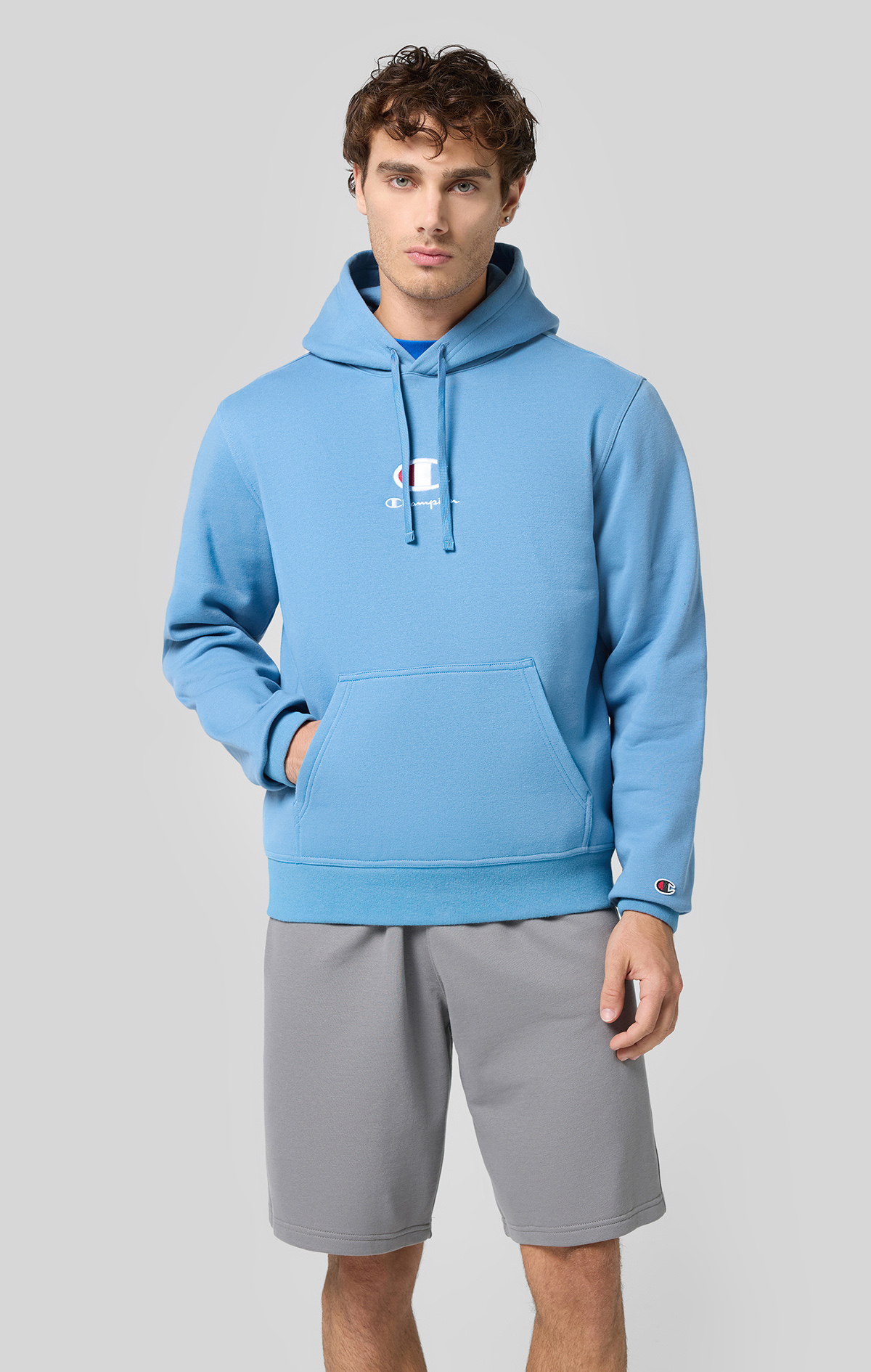 Champion ネックモック Lサイズ ライトブルー Script Shop Erkek Mavi Slim Fit Hooded Sweatshirt | Champion Türkiye