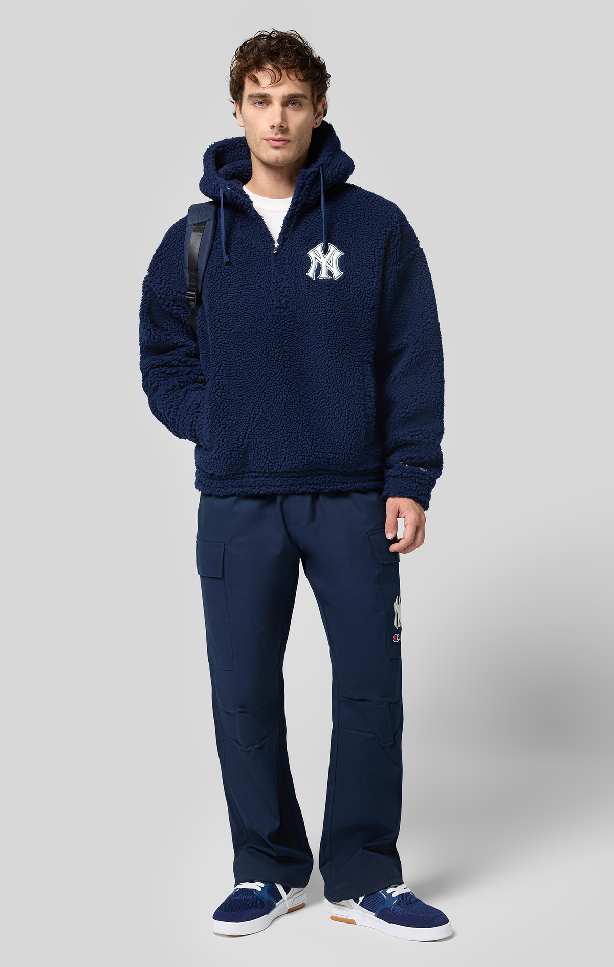 MLB Erkek Lacivert Loose Fit Hooded Half Zip Top | Champion Türkiye