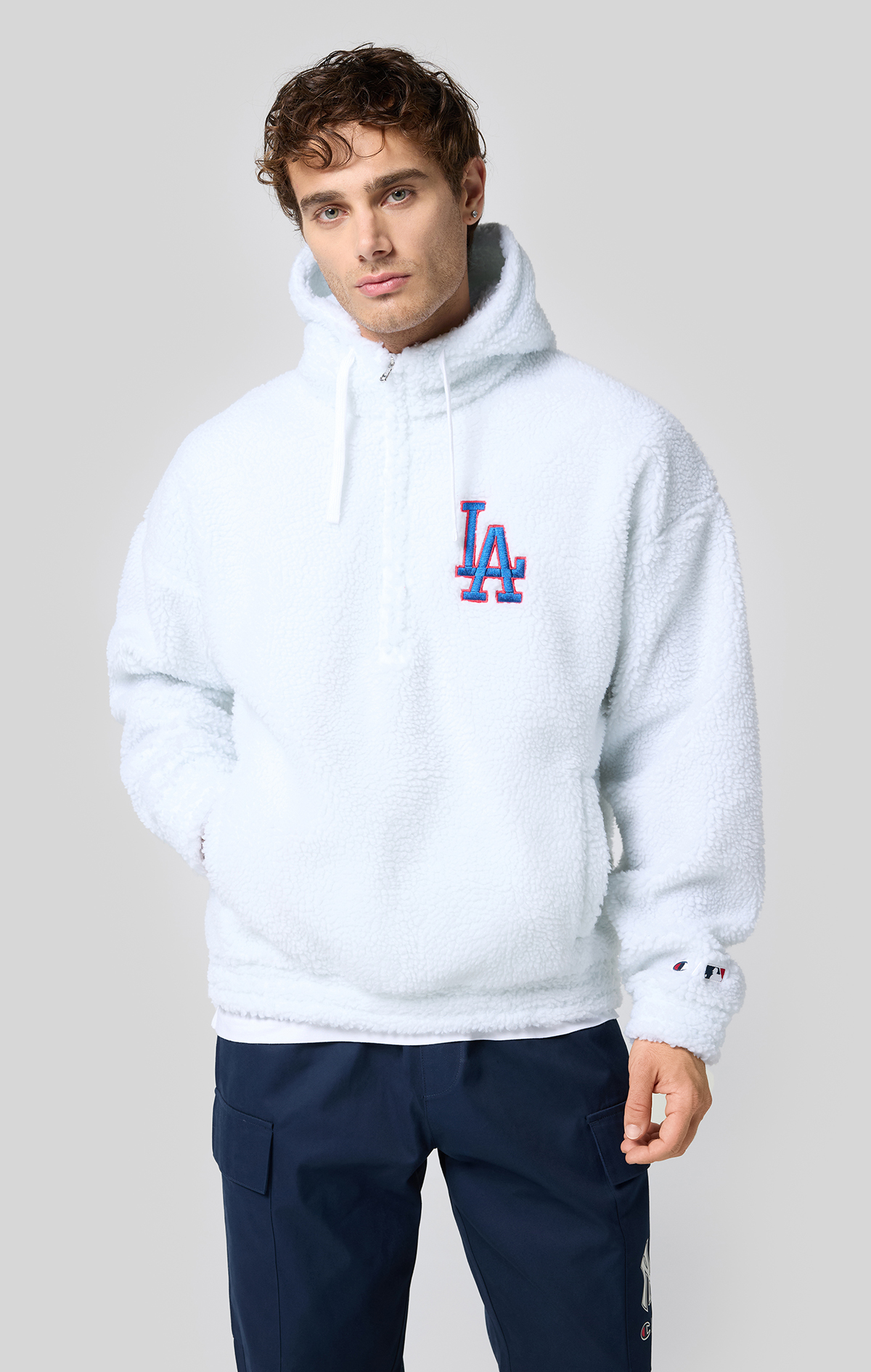 MLB Erkek Beyaz Loose Fit Hooded Half Zip Top | Champion Türkiye