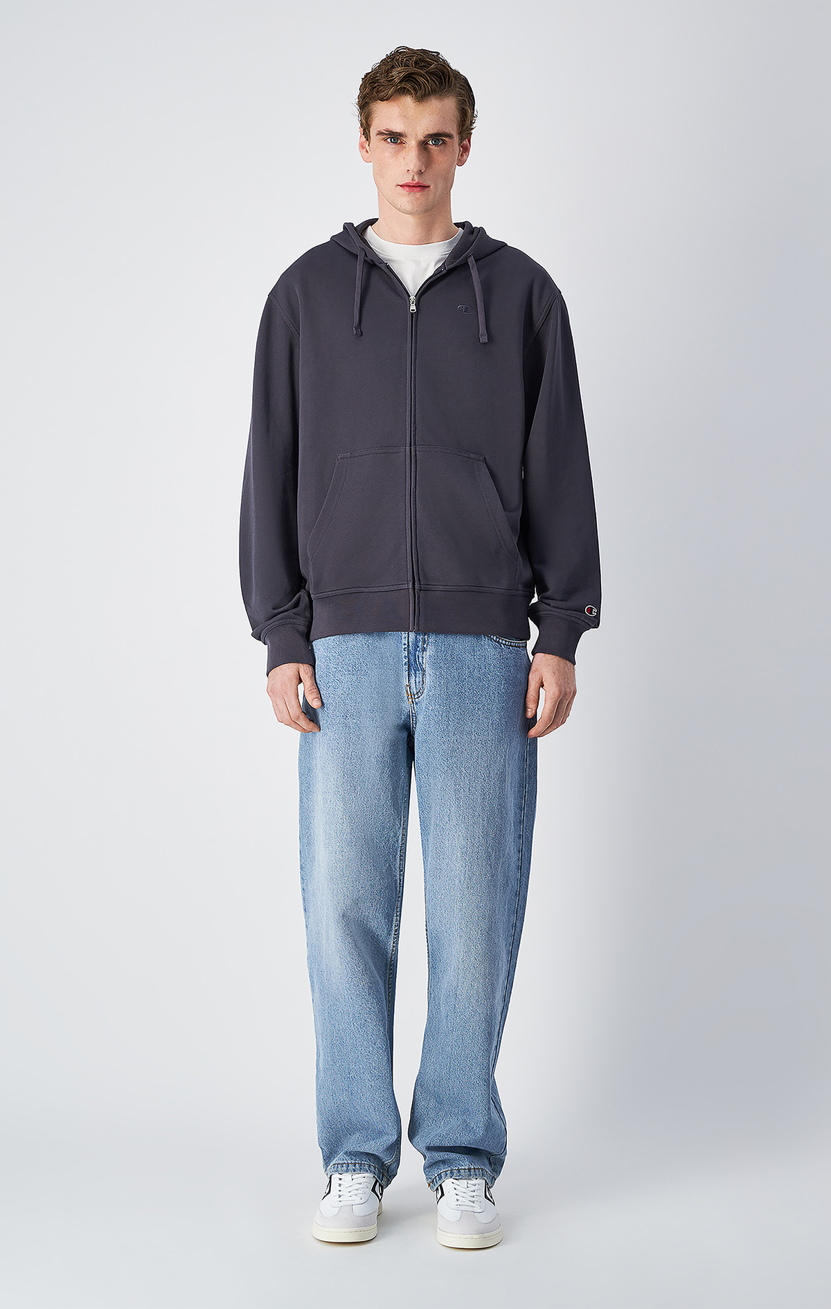 チャン Icons Erkek Gri Standard Fit Full Zip Hoodie Sweatshirt | Champion